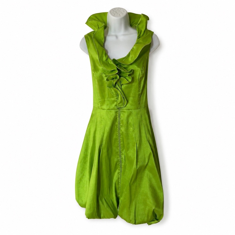 Frank Lyman Lime Green Ruffle Collar Bubble Hem Cocktail Dress Womens Size 10